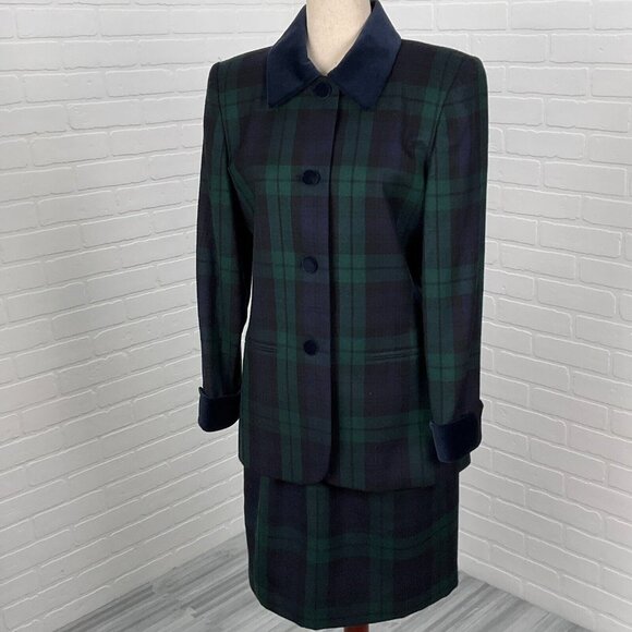 ASL Kasper‎ Skirt Suit Women 8 38/26Wx22L Blue Green Tartan Plaid Wool Classic - Picture 1 of 16